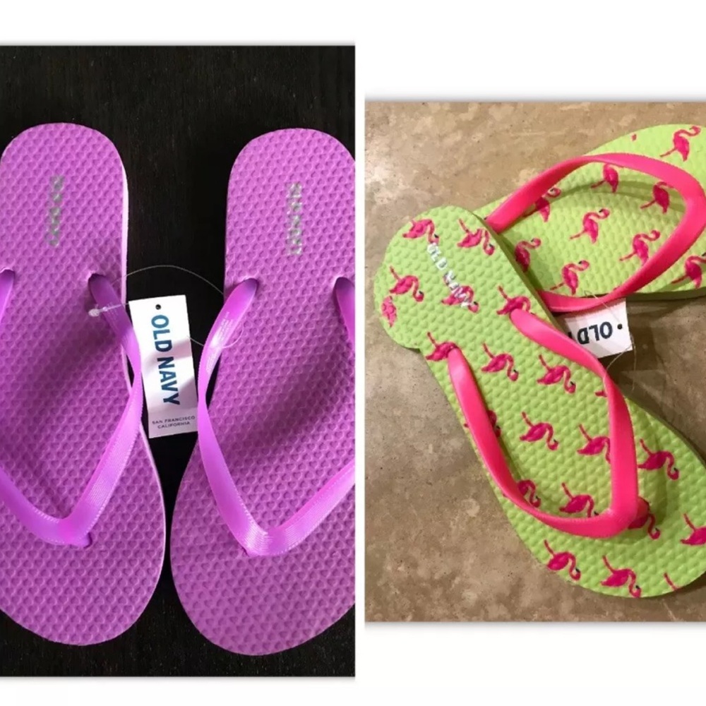 Old Navy 2 Pair Toddler Rubber Flip Flops Lilac Purple & Flamingoes size 12/13